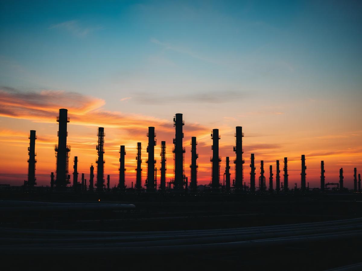 Refinery towers at sunset